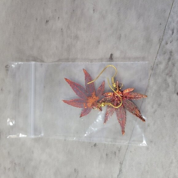 Bronze Tone Leaf Earrings Natures Jewelry Japanese Maple Dangle Fish Hook Unique - Picture 7 of 8
